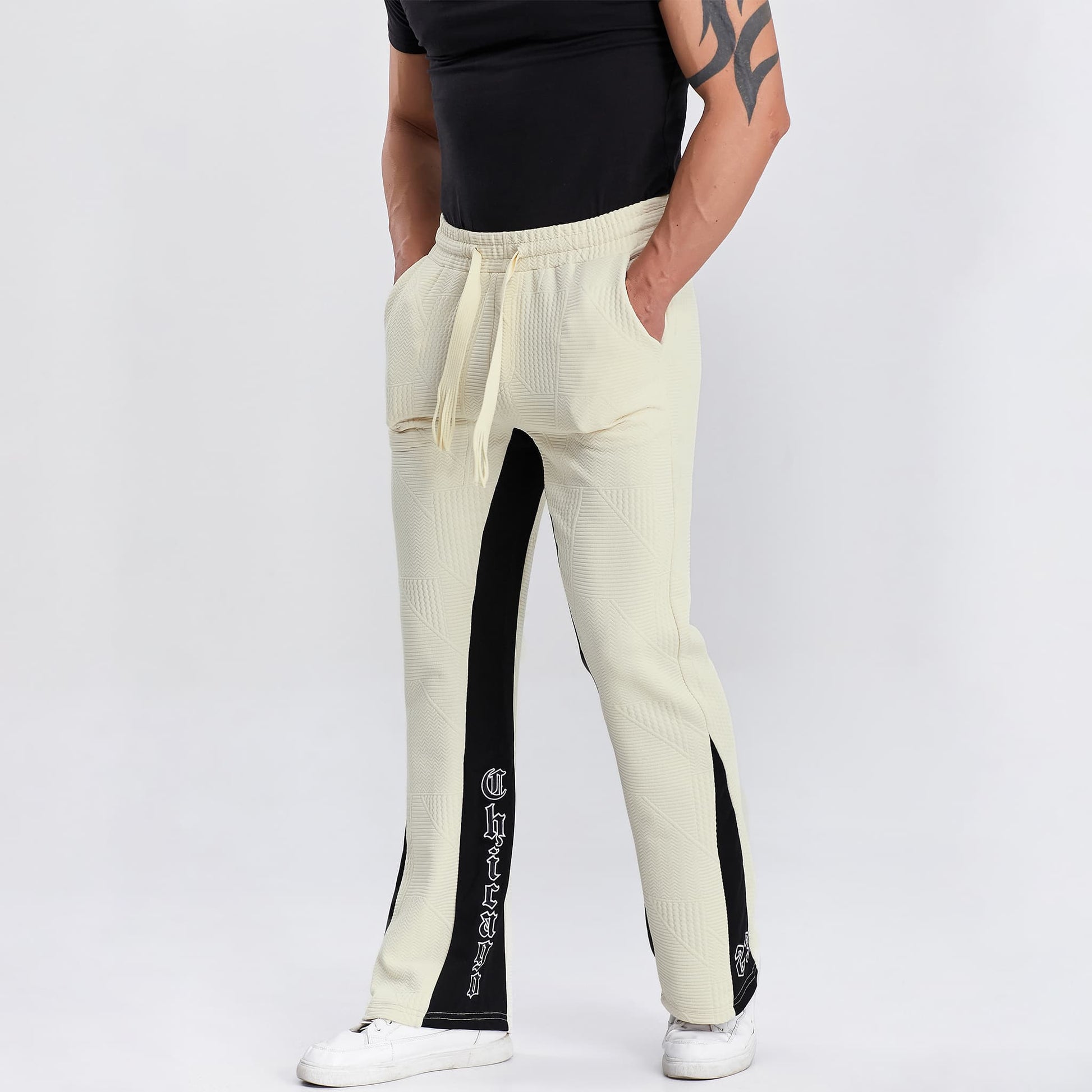 drawstring waistband mens stacked flared sweatpants embroidery letters