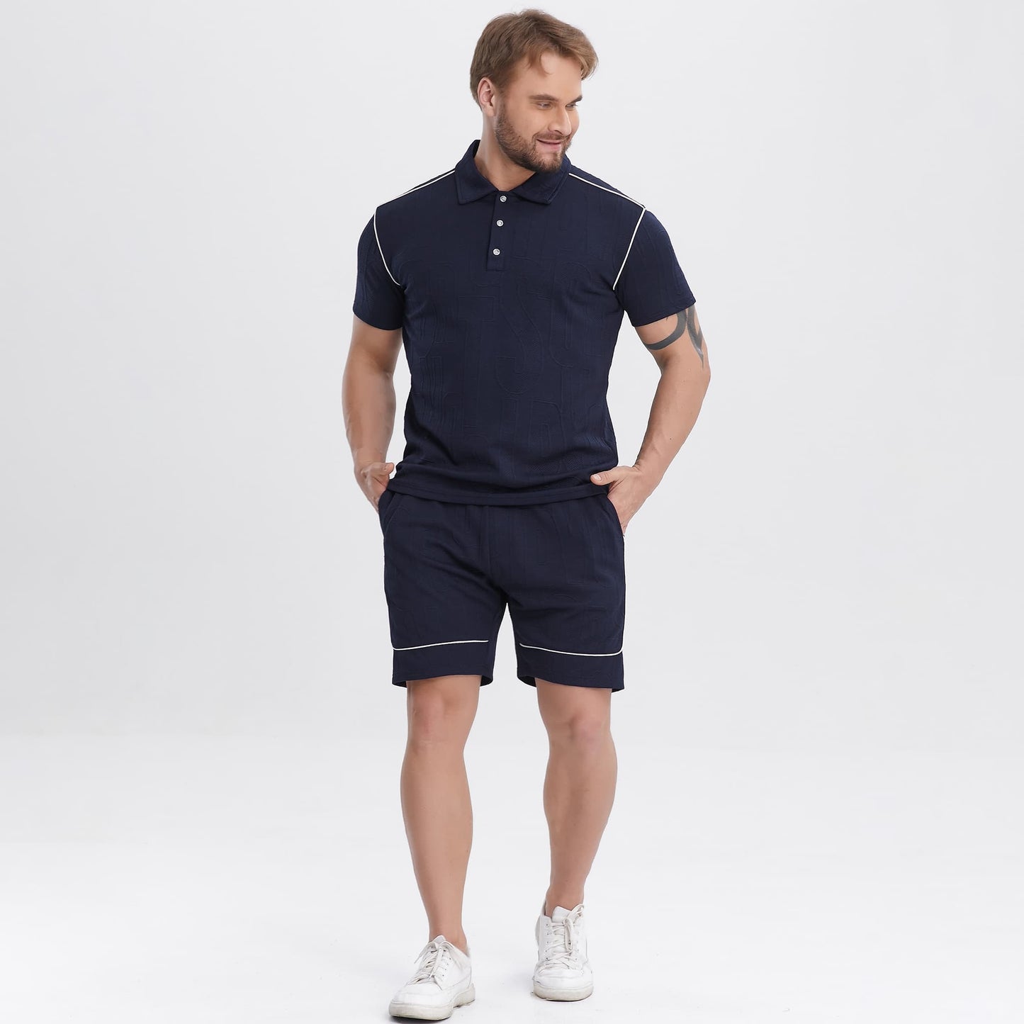 navy blue mens summer polo outfits 2 piece