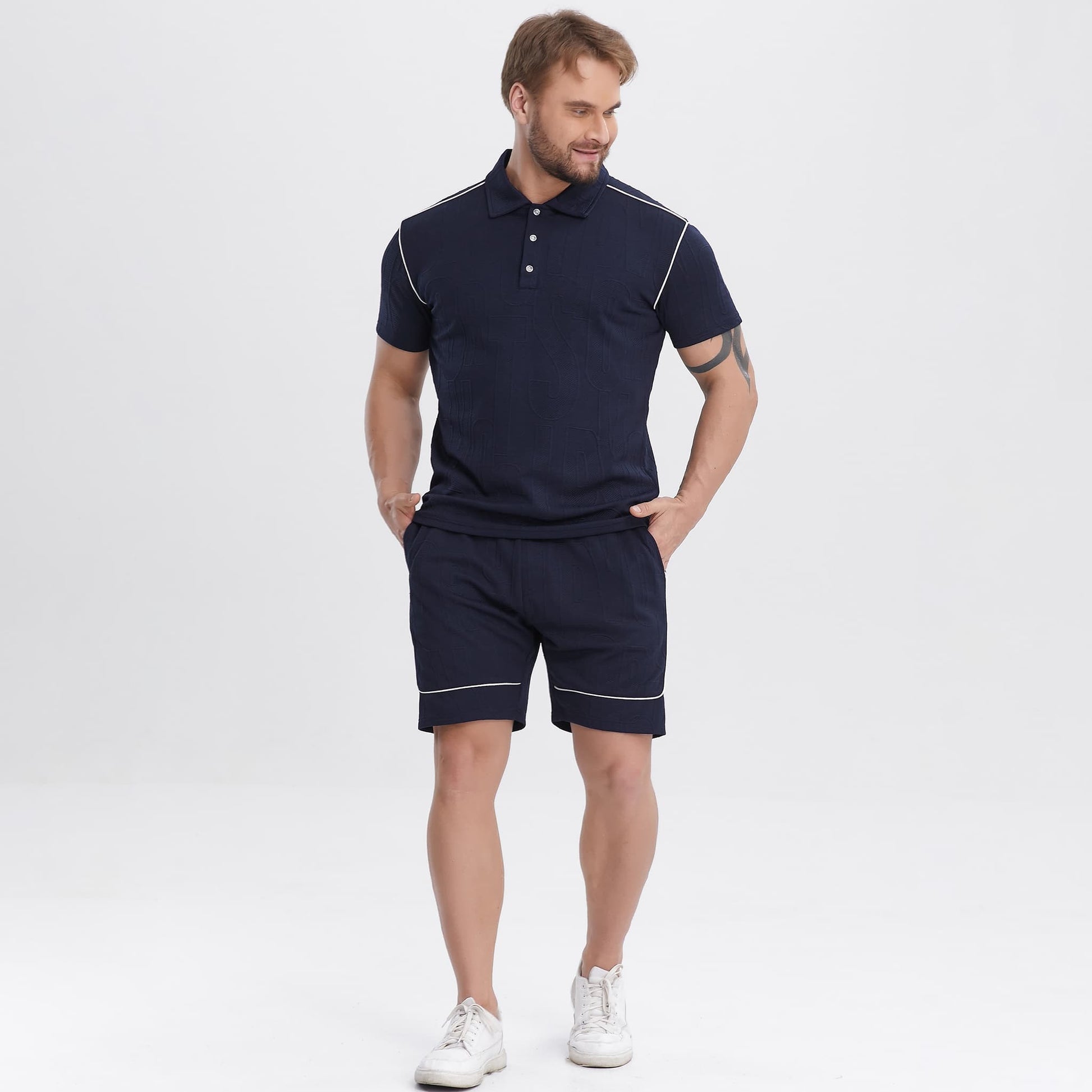 navy blue mens summer polo outfits 2 piece
