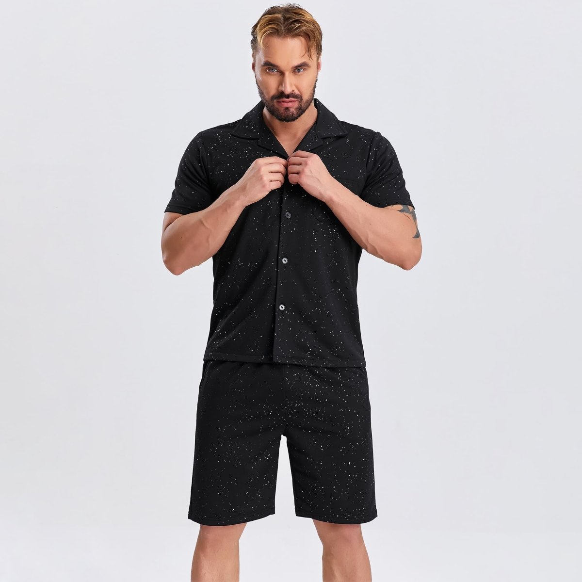 mens two piece summer outfit button down sparkling
