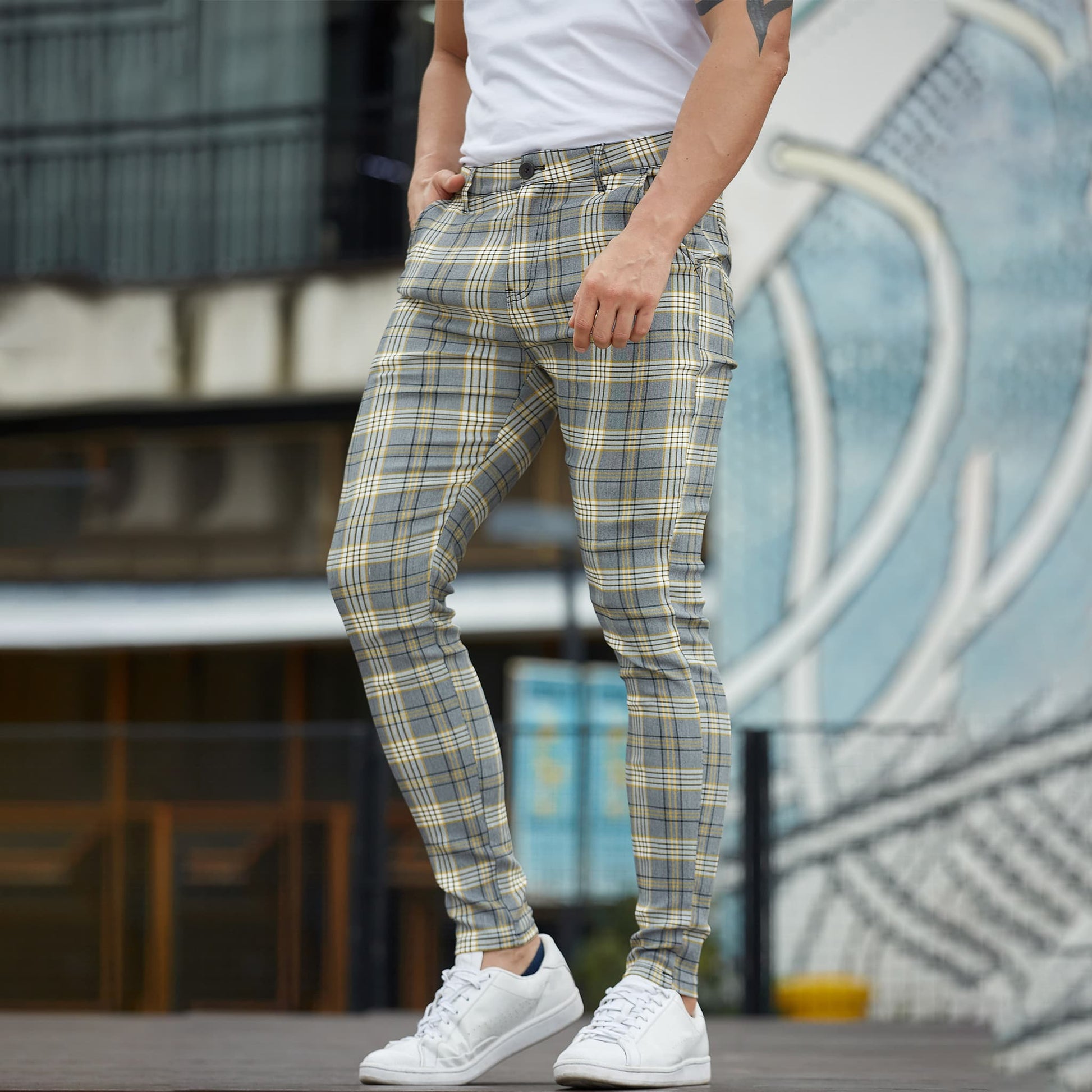 yellow checkered mens utility pants slim fit stretchy