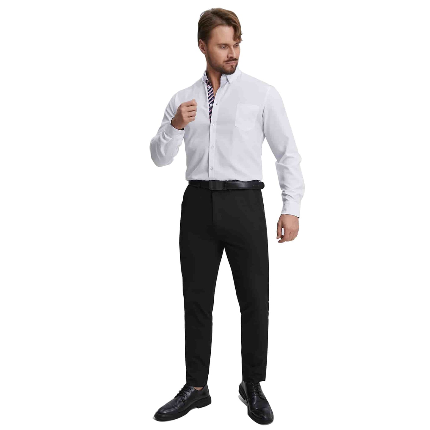 Men's Long Sleeve Dress Shirts Slim Fit Inner Contrast Business Casual Button Down White Shirt