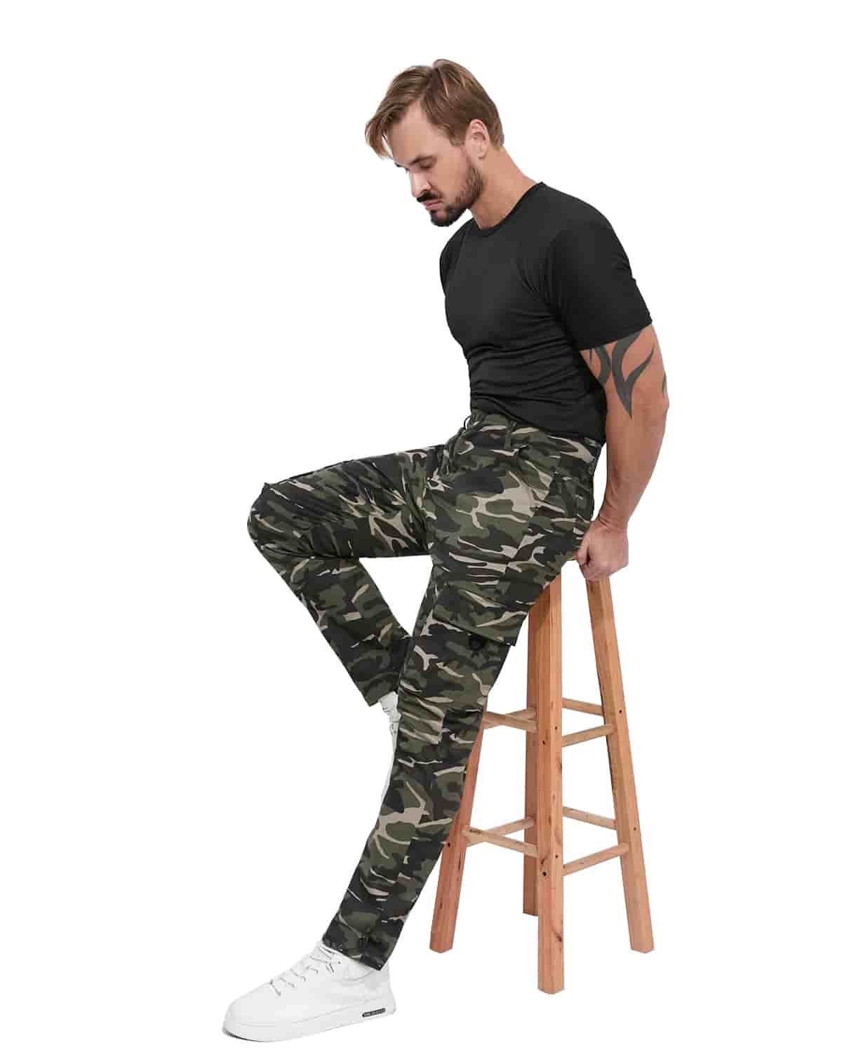 ALLELMS Mens Straight-Fit Stretch Green Camo Cargo Pant with Multi Pockets