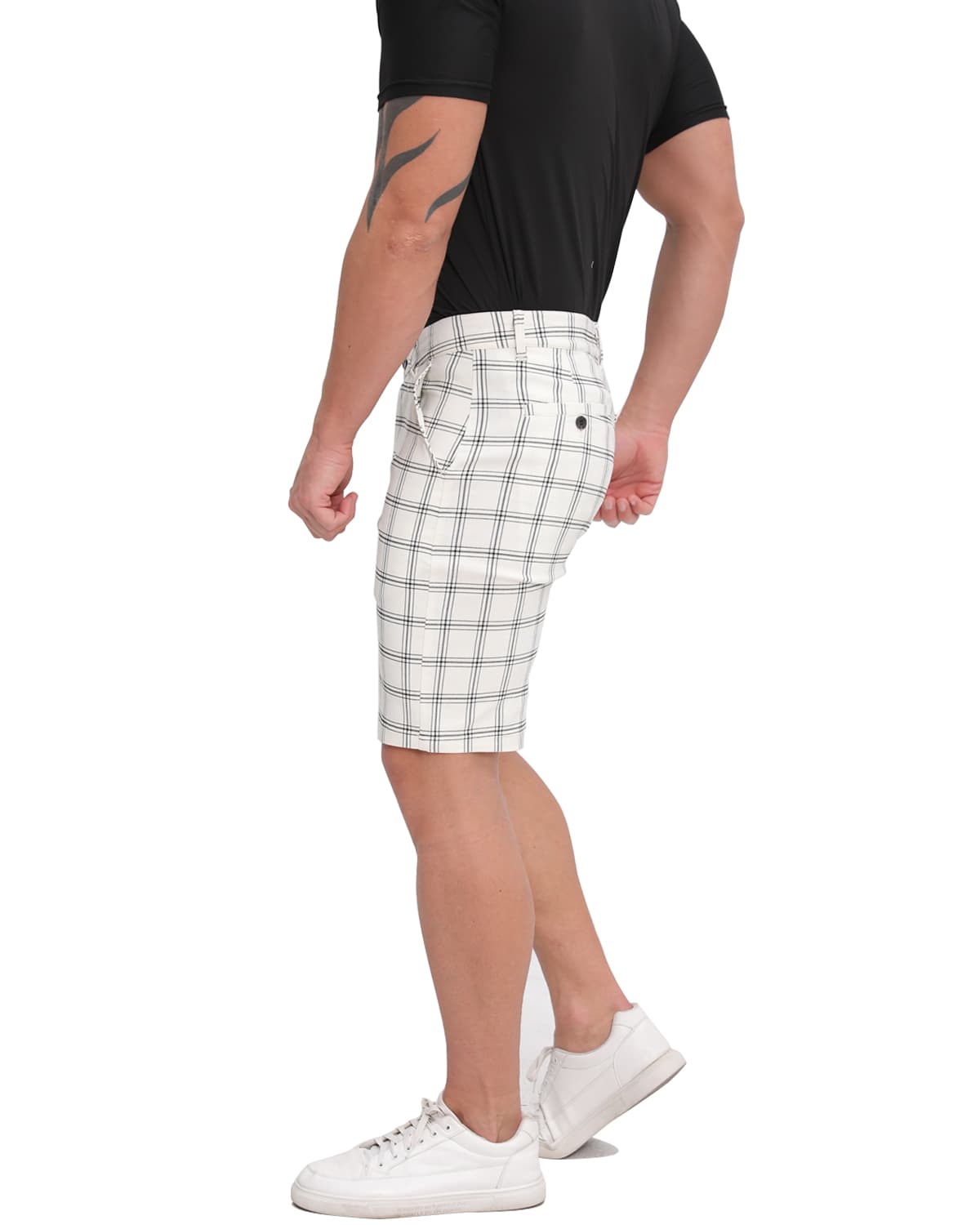 ALLELMS  Mens Slim Fit Shorts Black and White Plaid Chino Short Tapered Leg Skinny Stretch