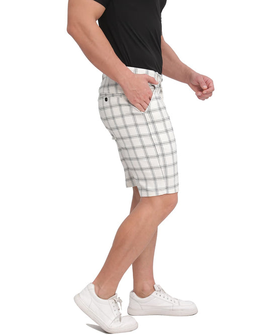 ALLELMS  Mens Slim Fit Shorts Black and White Plaid Chino Short Tapered Leg Skinny Stretch