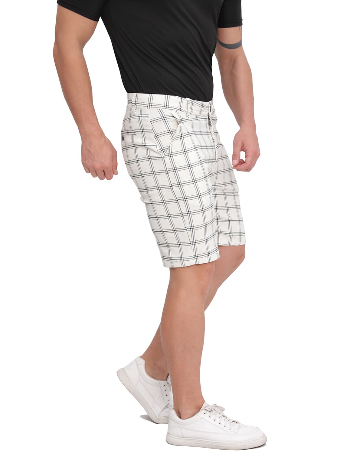 ALLELMS  Mens Slim Fit Shorts Black and White Plaid Chino Short Tapered Leg Skinny Stretch