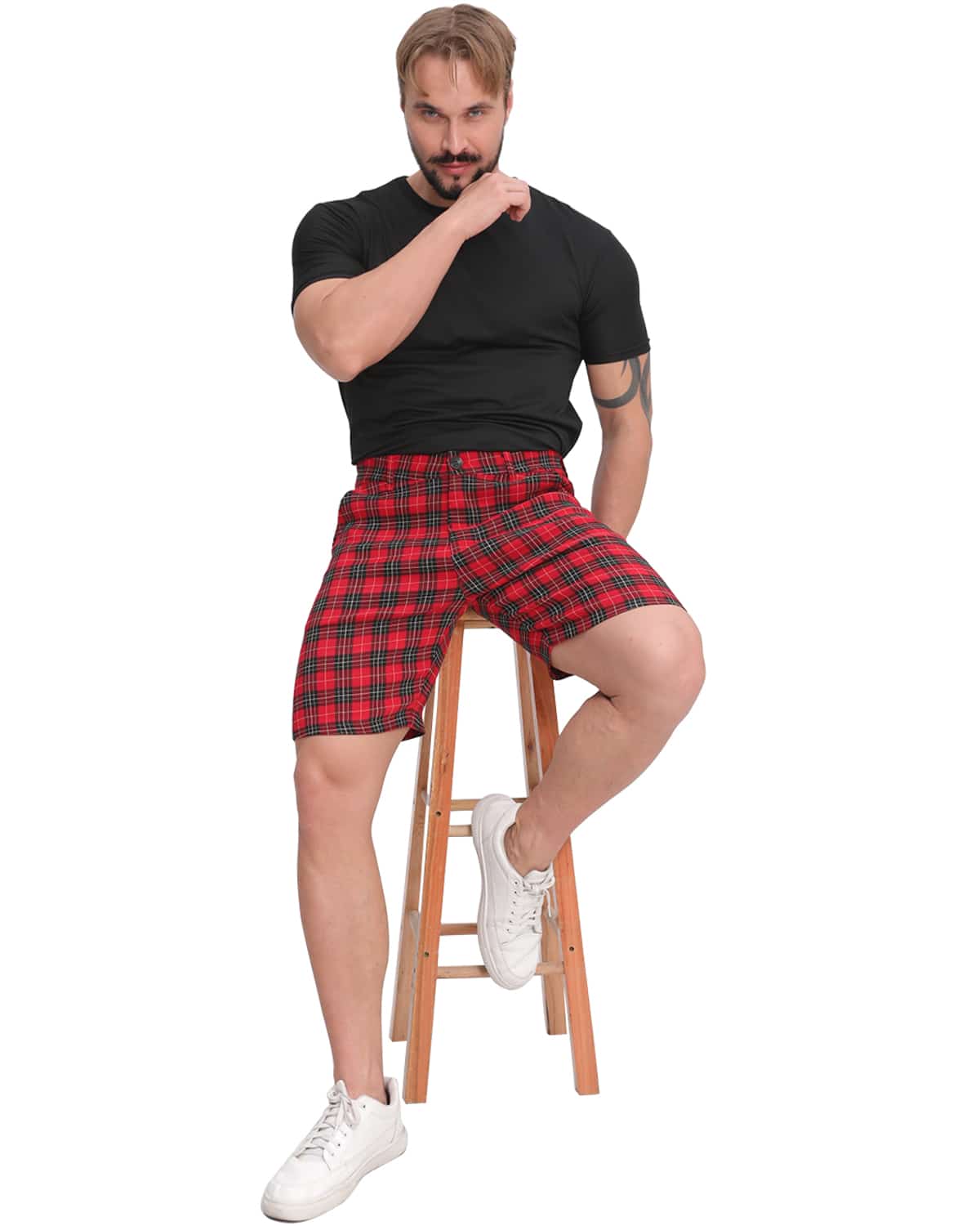 ALLELMS Mens Slim Fit Shorts Black and White Plaid Chino Short Tapered Leg Skinny Stretch