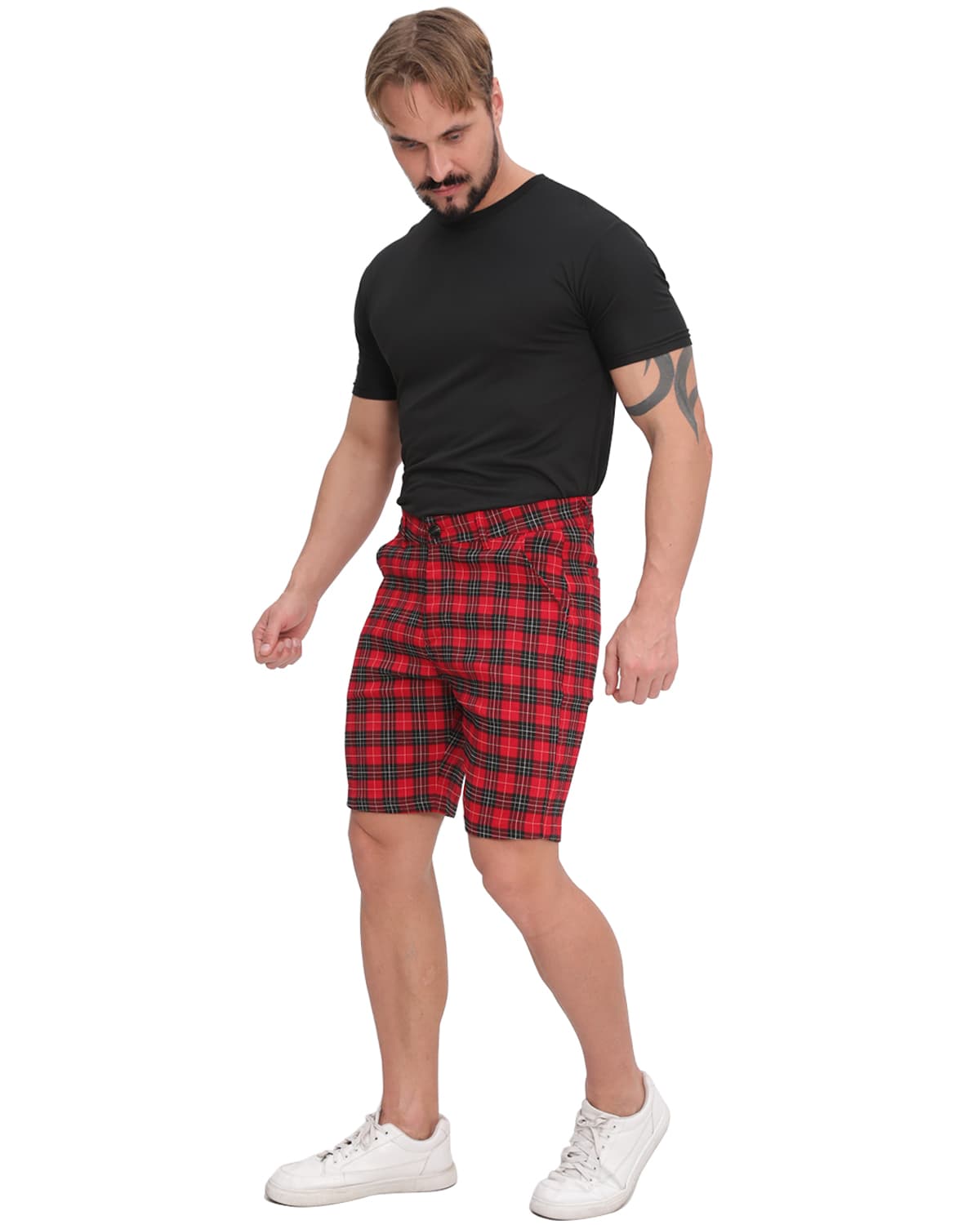 ALLELMS Mens Slim Fit Shorts Black and White Plaid Chino Short Tapered Leg Skinny Stretch