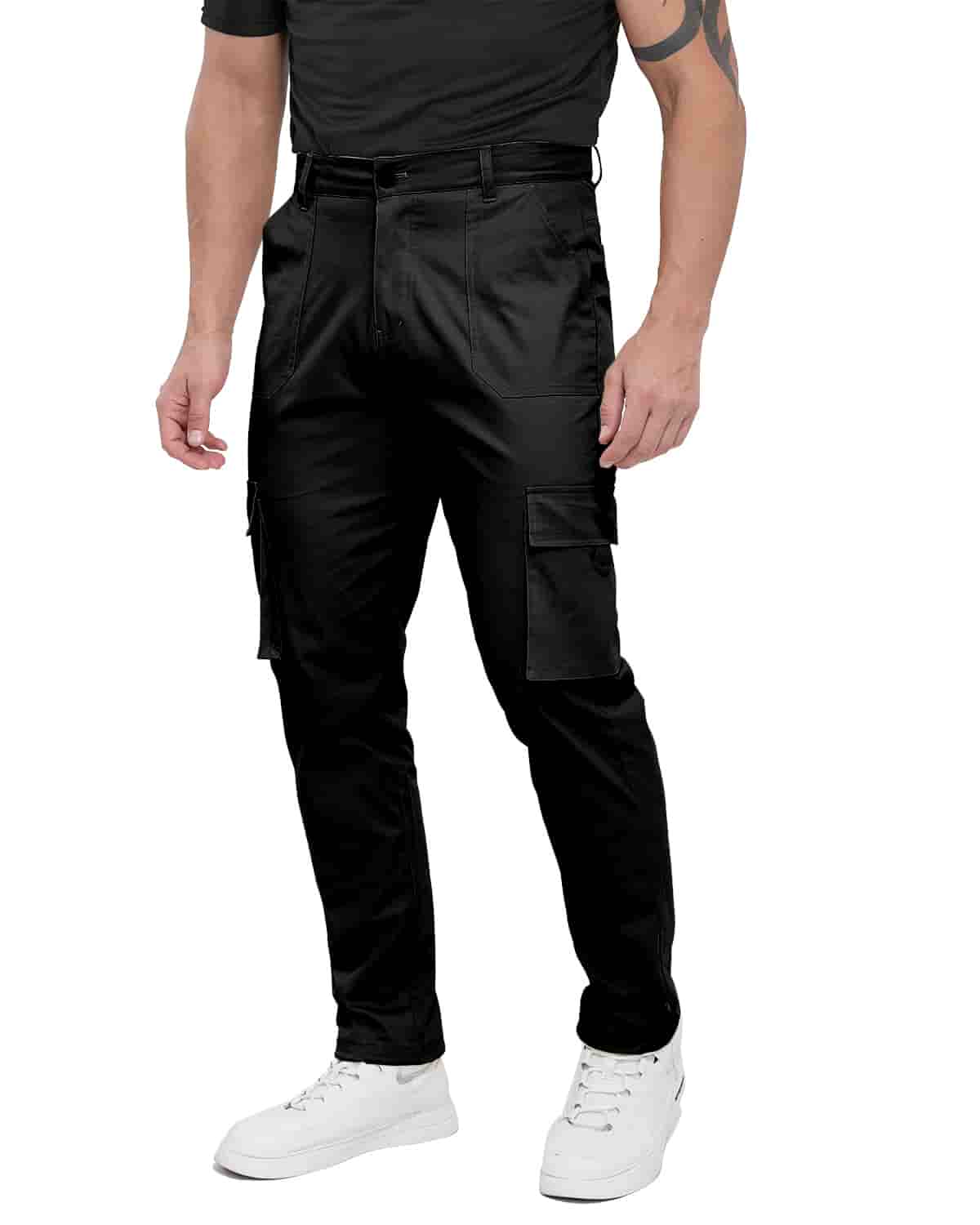 ALLELMS Mens Straight-Fit Stretch Black Cargo Pant with Multi Pockets