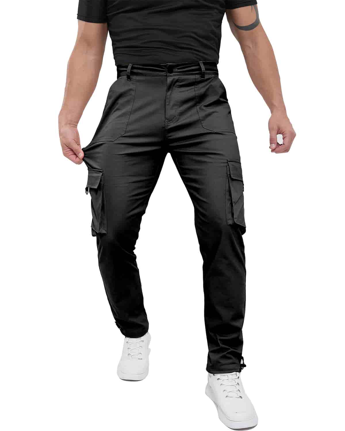 ALLELMS Mens Straight-Fit Stretch Black Cargo Pant with Multi Pockets