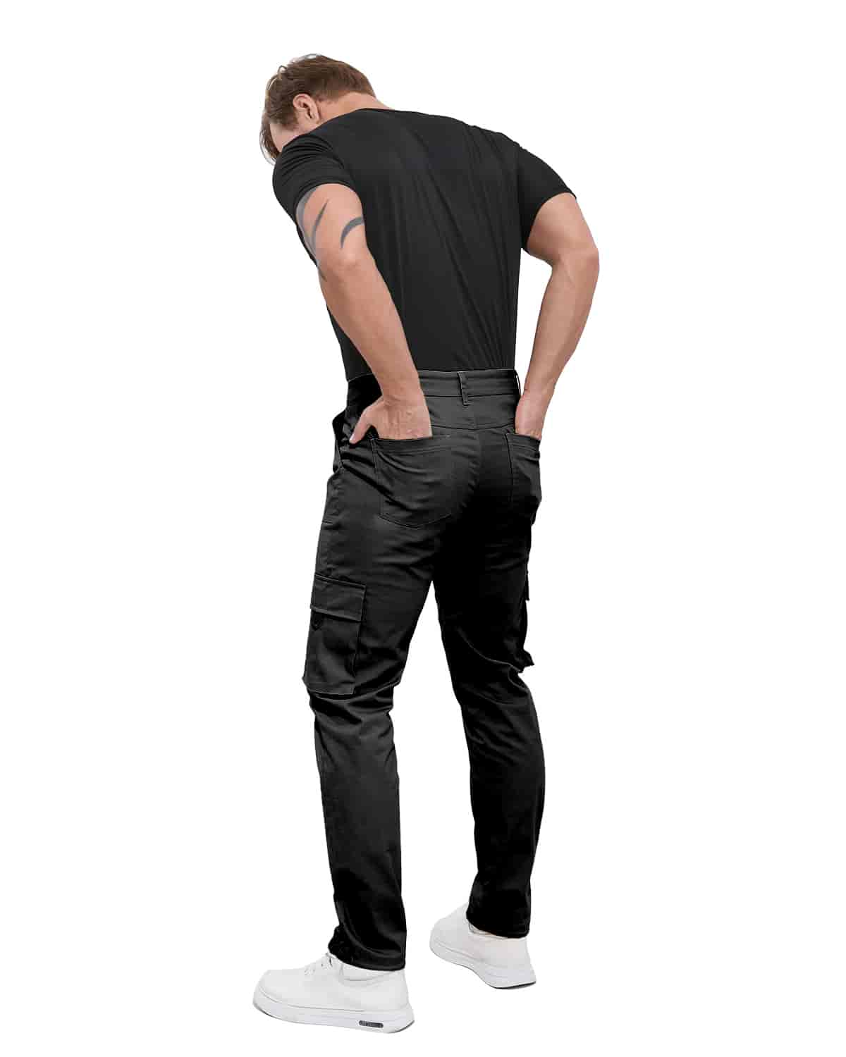 ALLELMS Mens Straight-Fit Stretch Black Cargo Pant with Multi Pockets