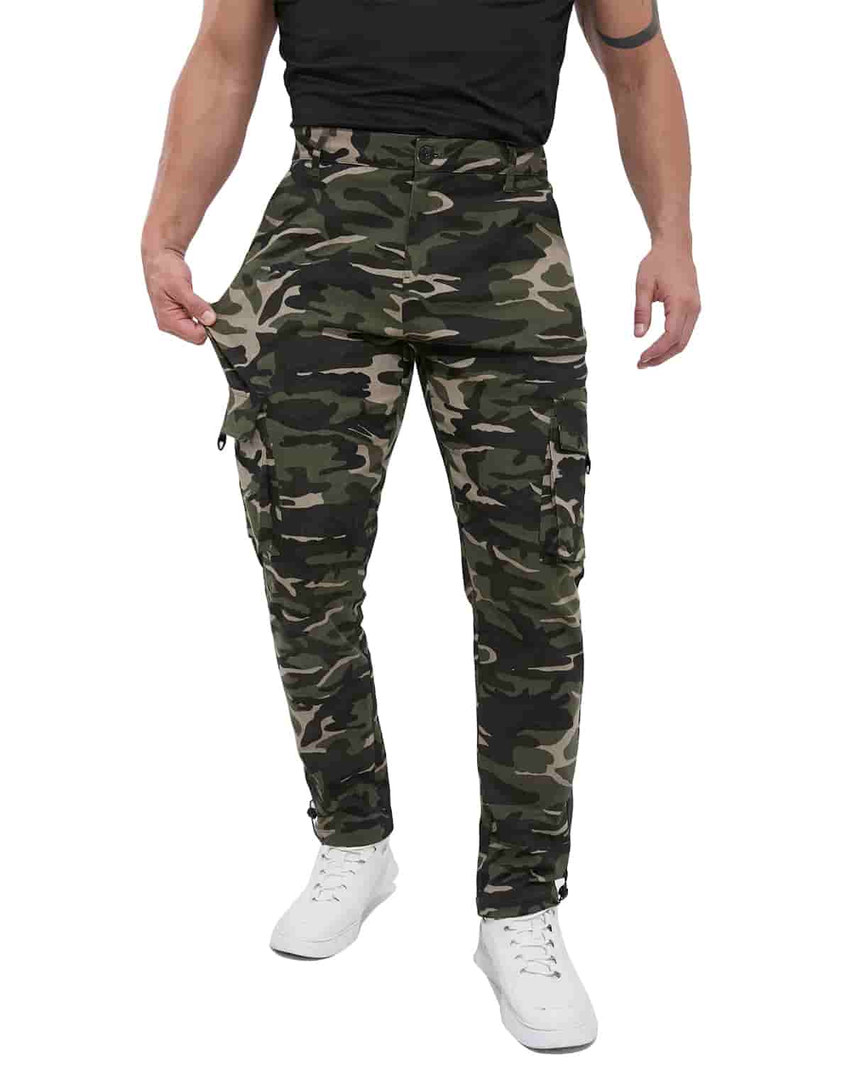 ALLELMS Mens Straight-Fit Stretch Green Camo Cargo Pant with Multi Pockets