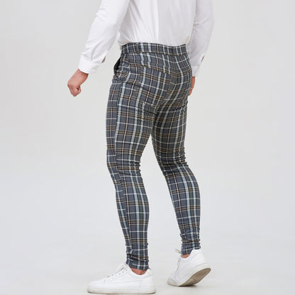 grey plaid pantalones de tela para hombre slim fit stretchy