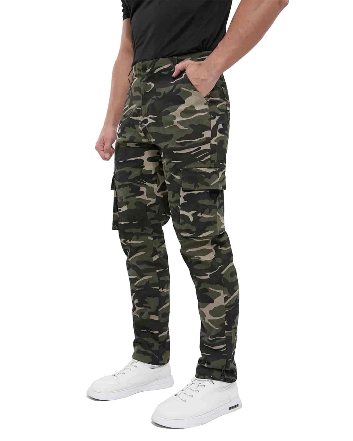 ALLELMS Mens Straight-Fit Stretch Green Camo Cargo Pant with Multi Pockets