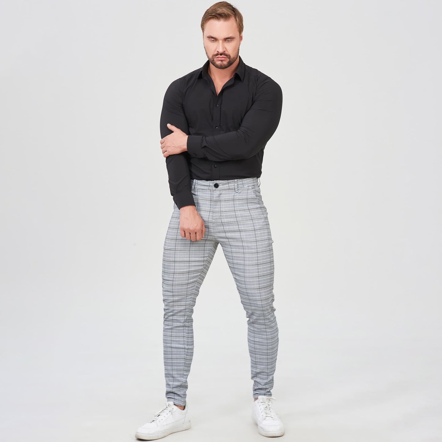 grey plaid and plain skinny fit pants for men