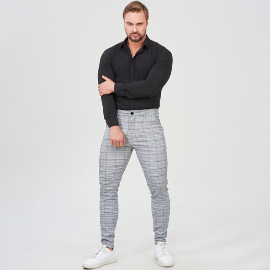 grey plaid and plain skinny fit pants for men