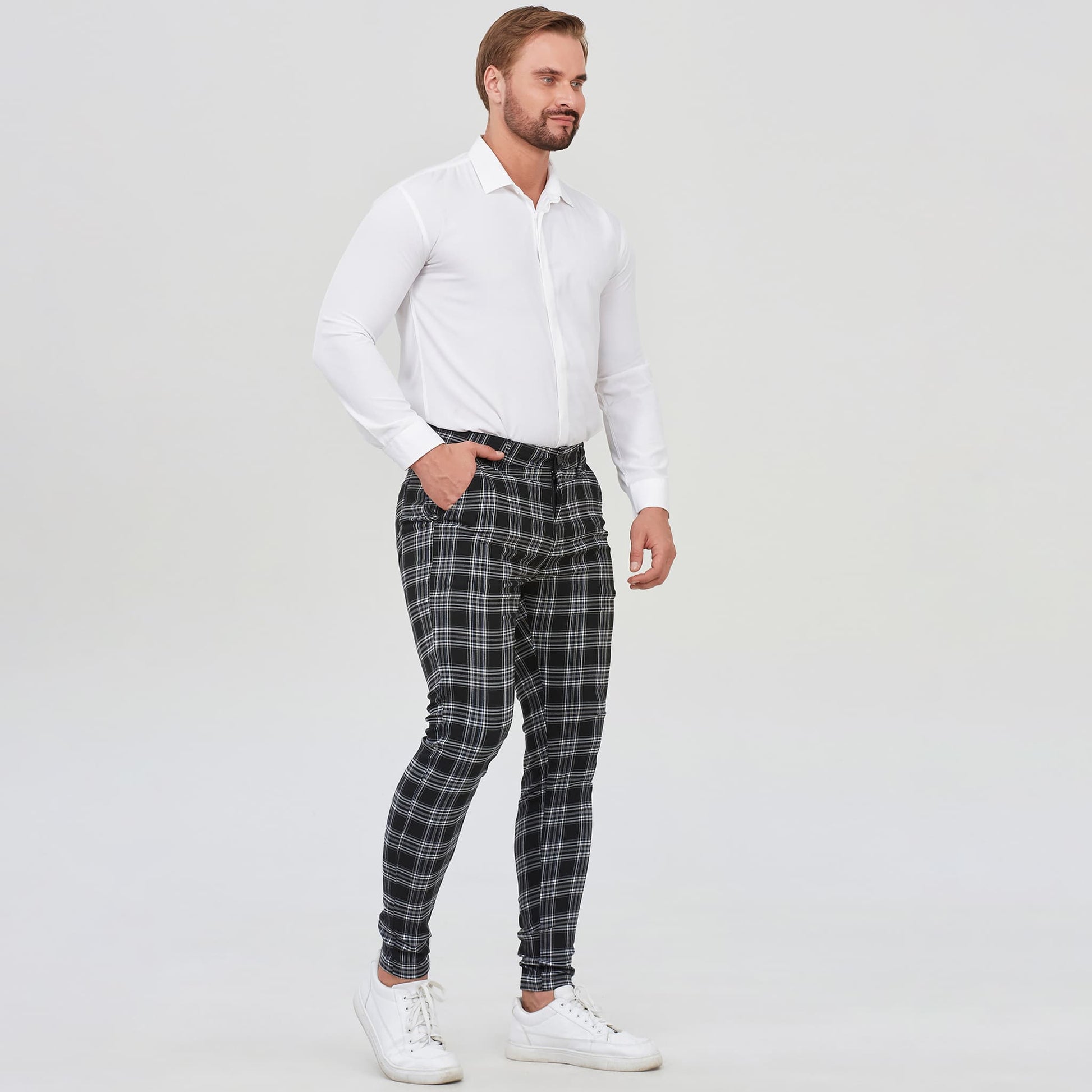 black plaid golf dress pants for men slim fit stretchy