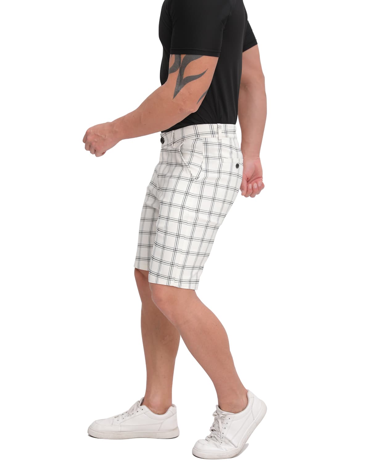 ALLELMS  Mens Slim Fit Shorts Black and White Plaid Chino Short Tapered Leg Skinny Stretch
