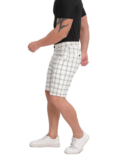 ALLELMS  Mens Slim Fit Shorts Black and White Plaid Chino Short Tapered Leg Skinny Stretch