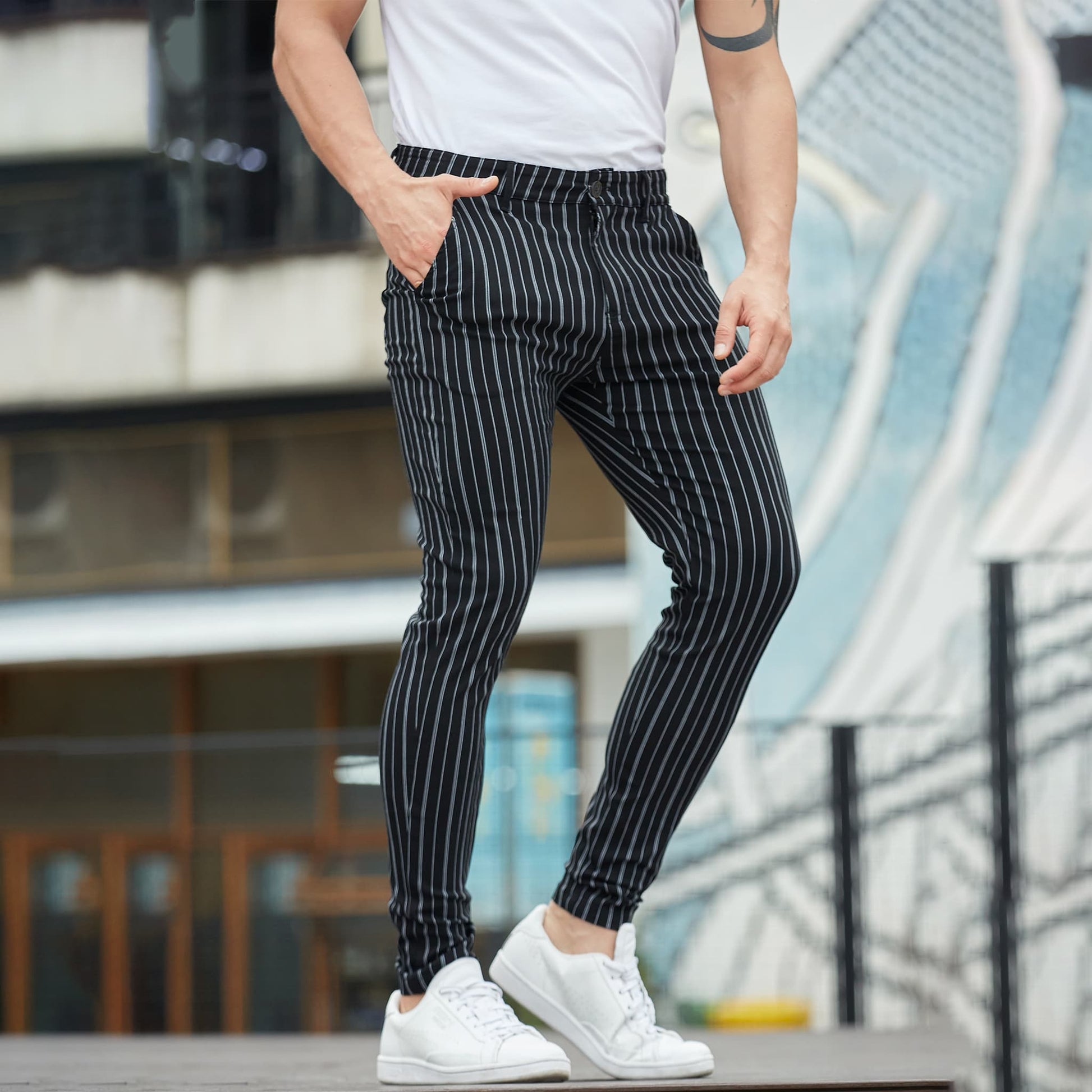 black striped pleated pants men slim fit stretchy