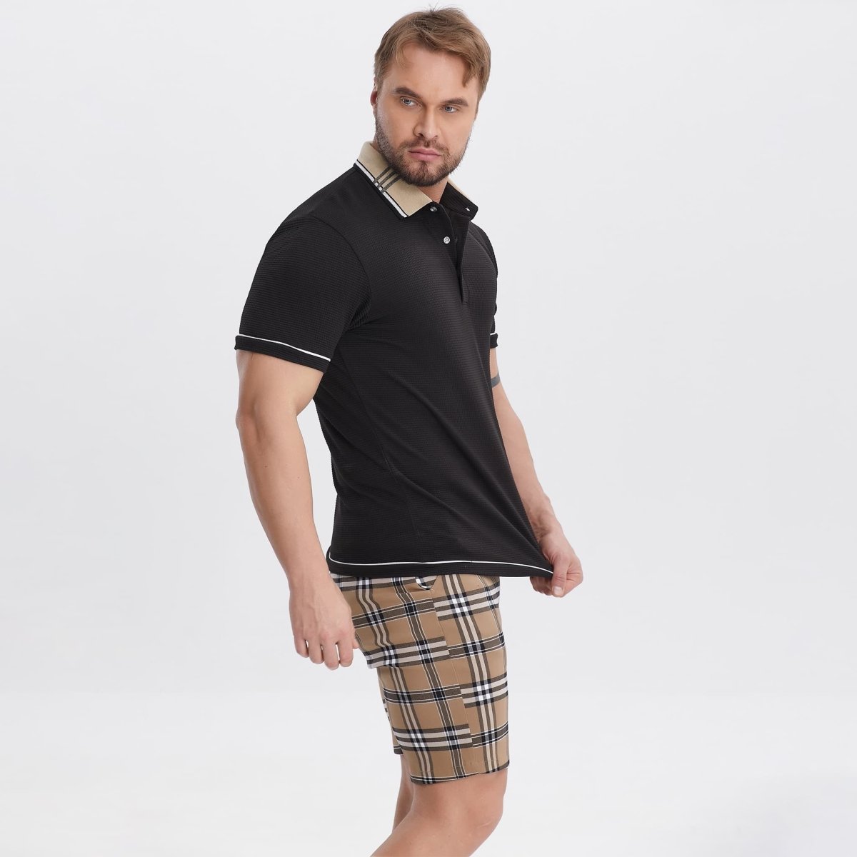 black polo pullover for men slim fit stretchy waffle shirts
