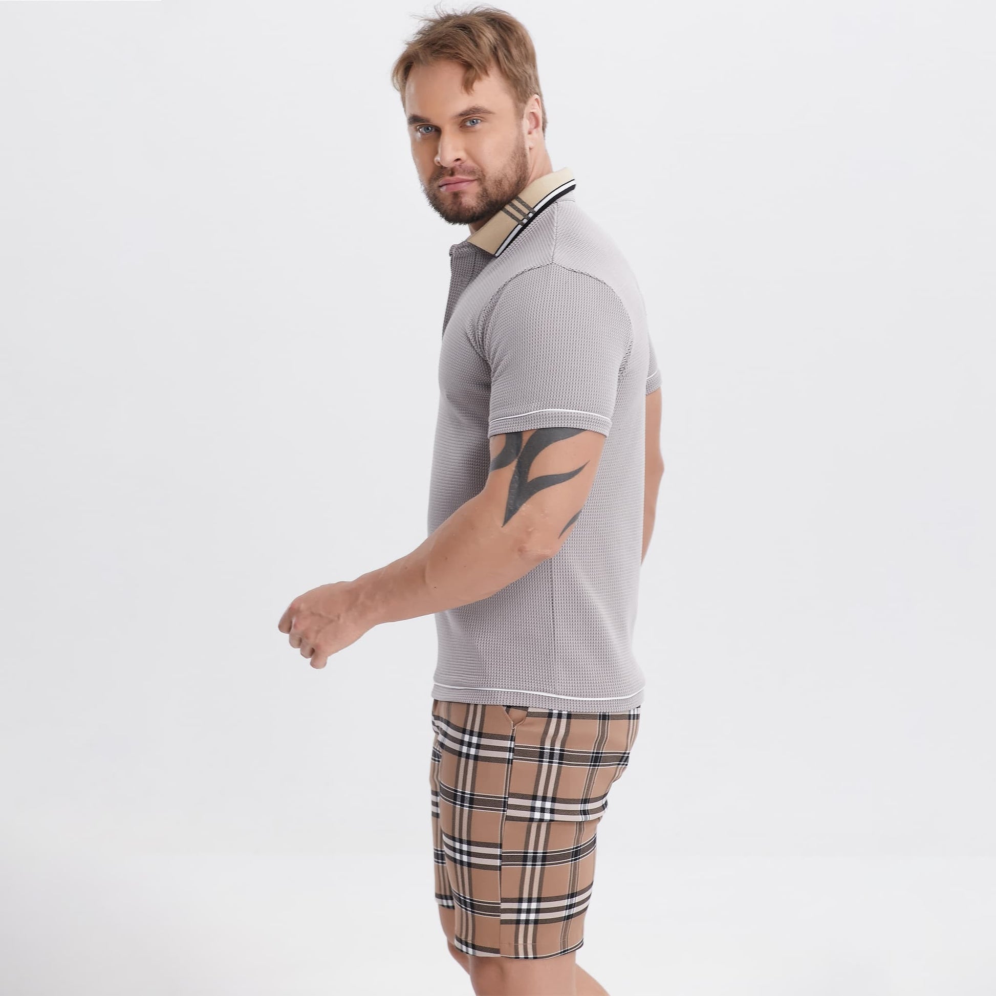 grey waffle polo shirt for men slim fit stretch