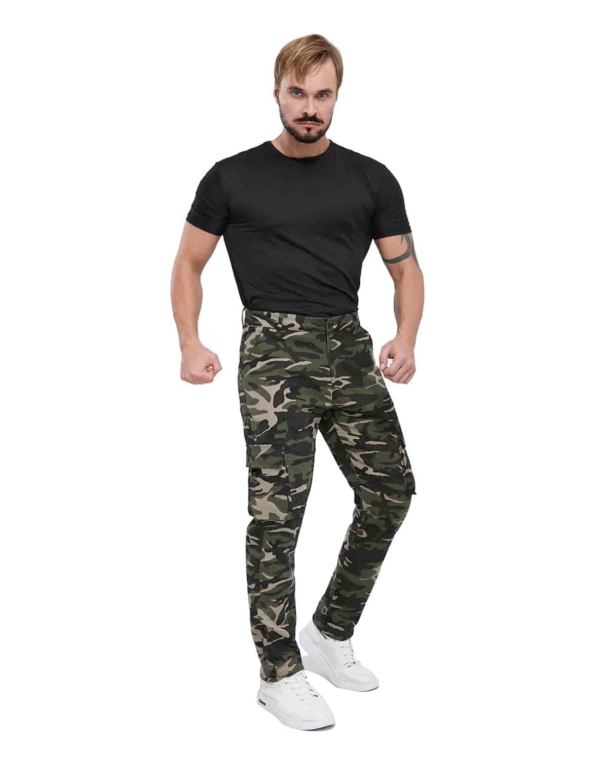ALLELMS Mens Straight-Fit Stretch Green Camo Cargo Pant with Multi Pockets