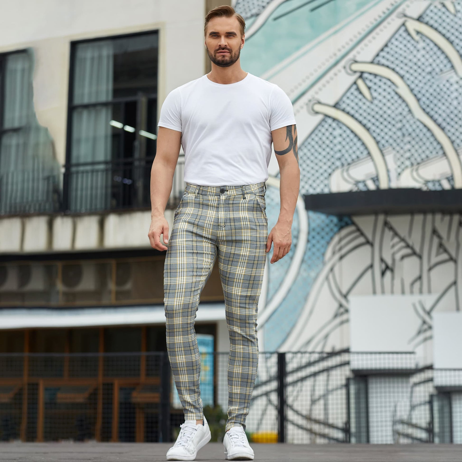 yellow and grey plaid skinny chino pants men stretchy