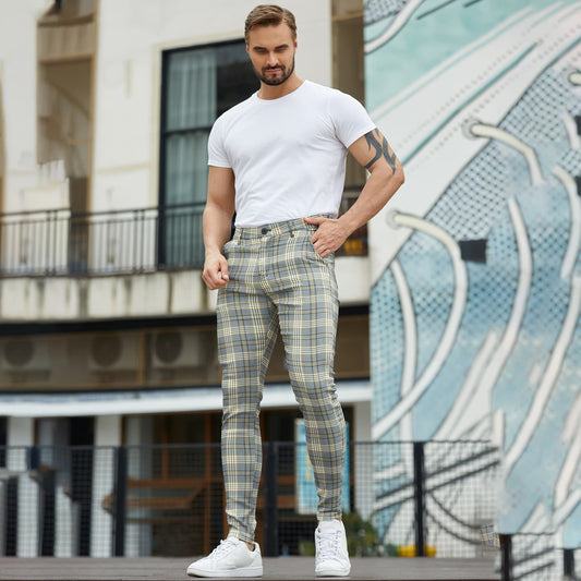 yellow and grey plaid skinny pants for men stretchy