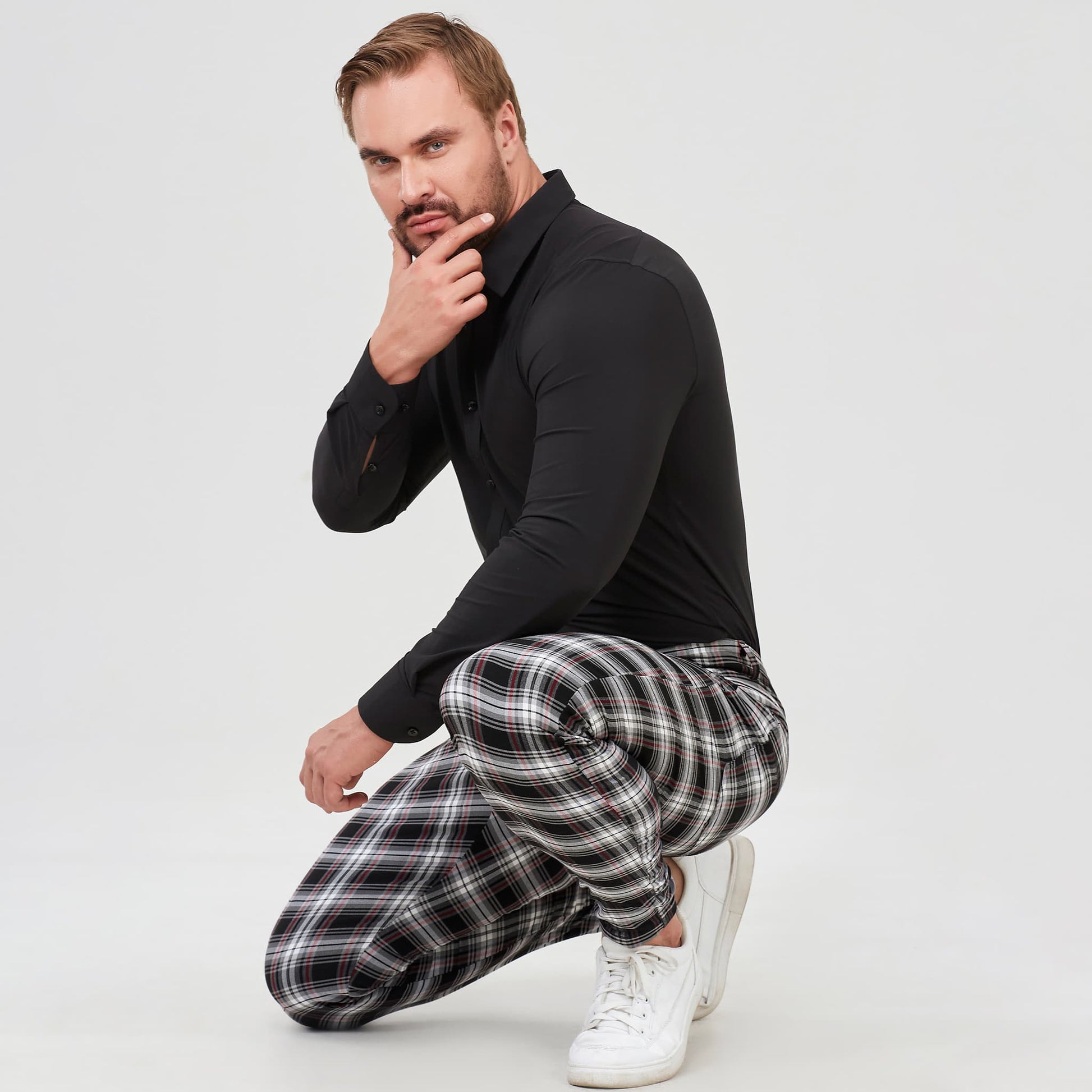 black and white plaid slacks men slim fit stretchy