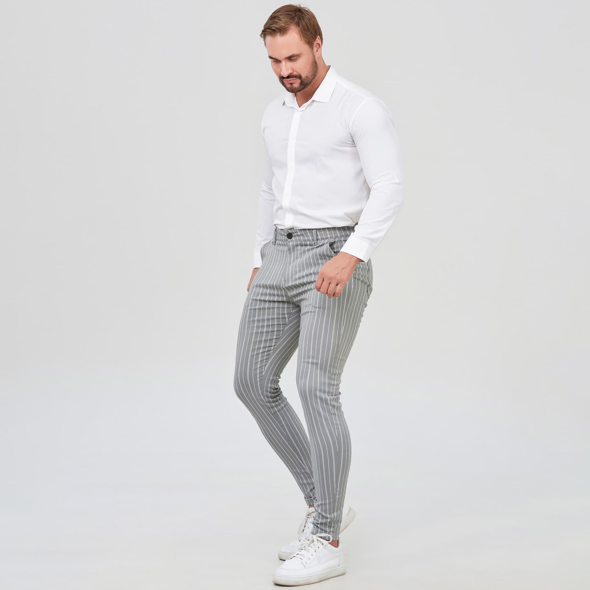 Mens Grey Striped Chinos Slim Fit Stretch Flat-Front Skinny Dress Pants – ALLELMS Mens Grey Striped Chinos Slim Fit Stretch Flat-Front Skinny Dress Pants – ALLELMS