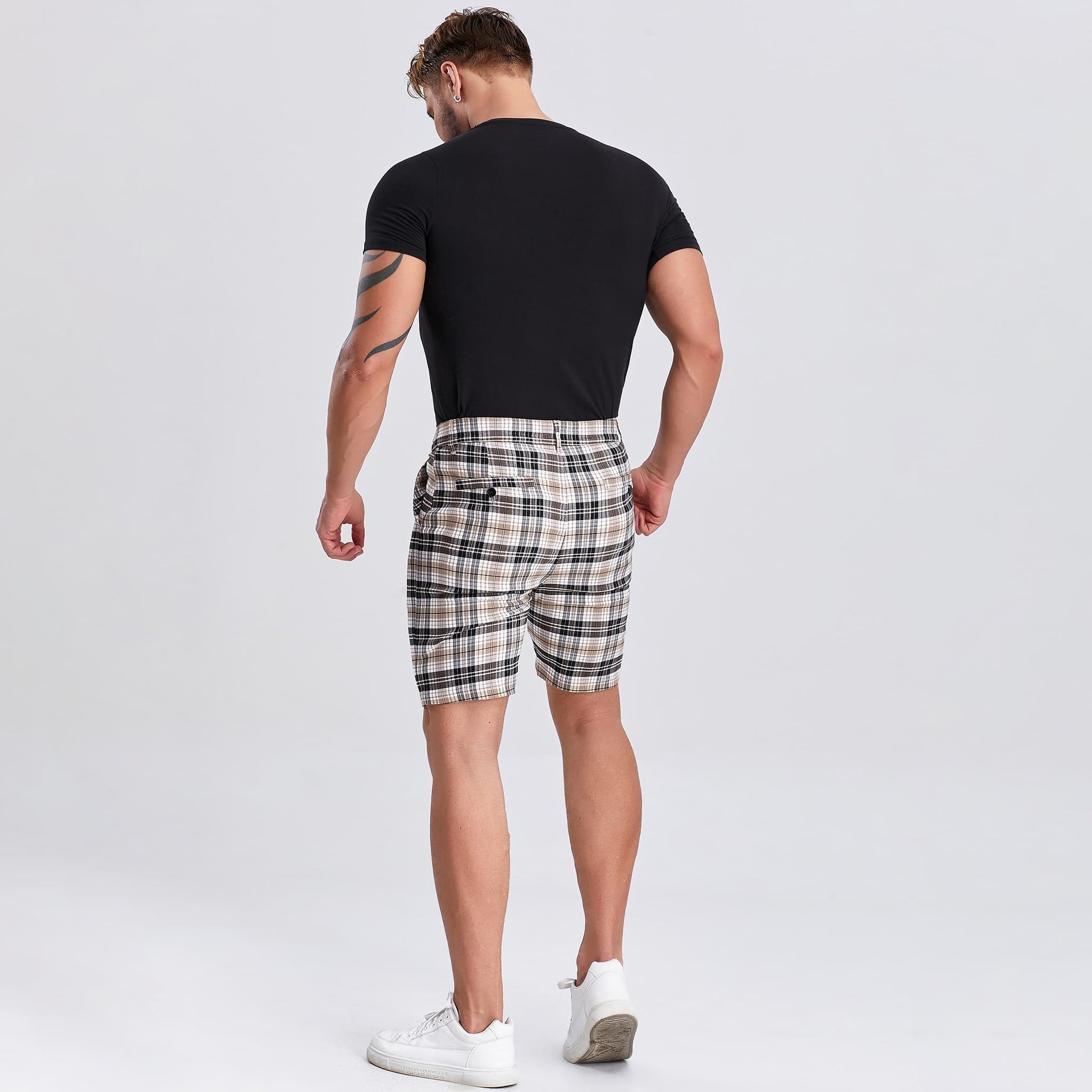 stretch slim fit brown plaid  shorts men