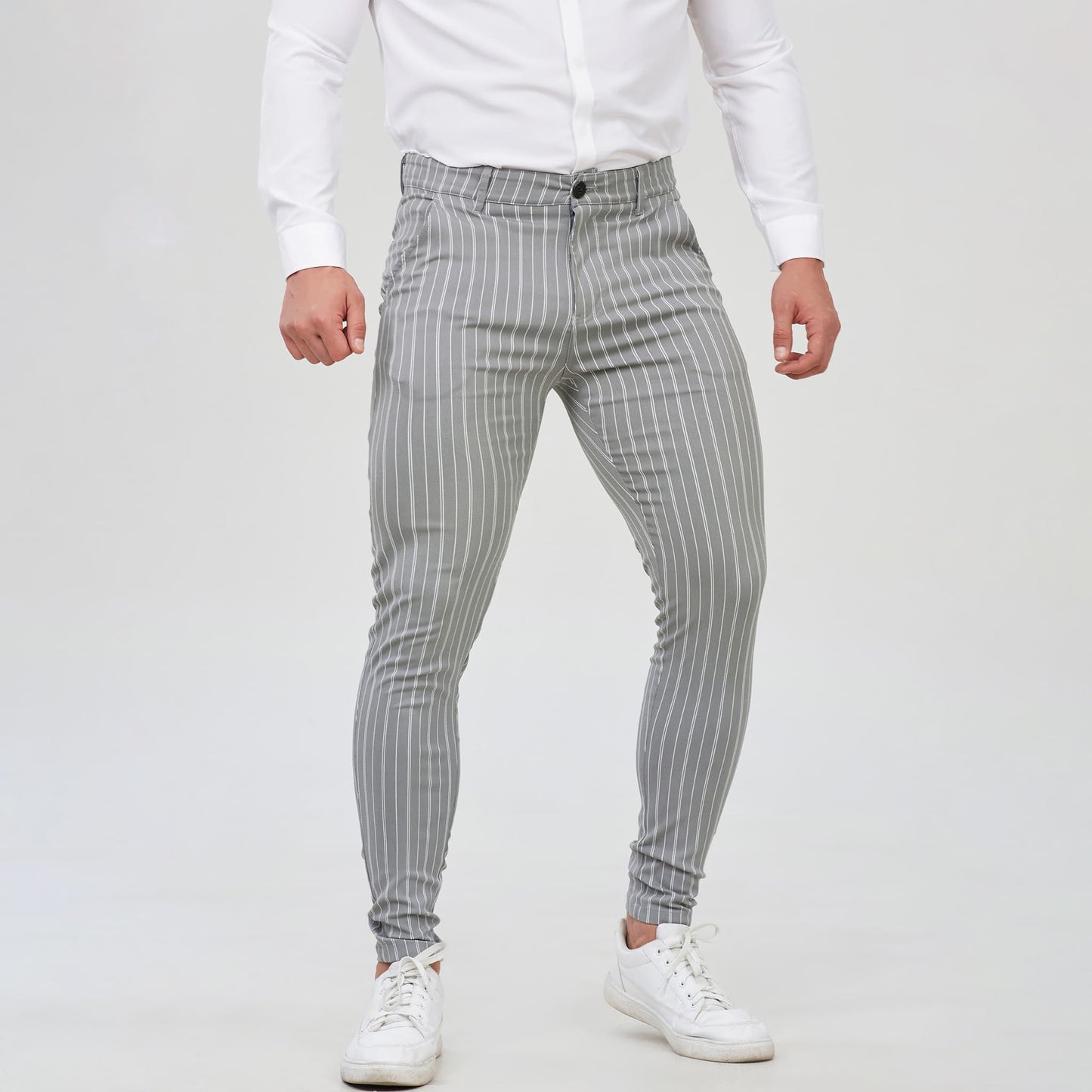 grey striped slim fit chinos for men stretchy
