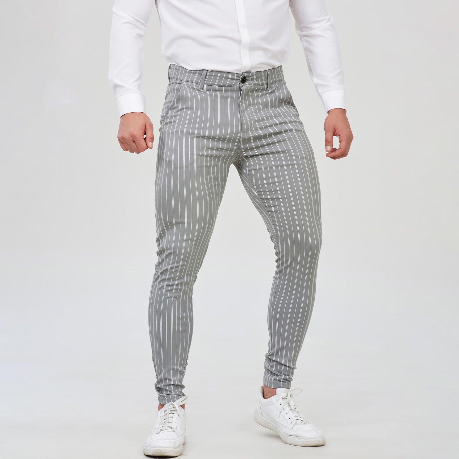 grey striped slim fit chinos for men stretchy