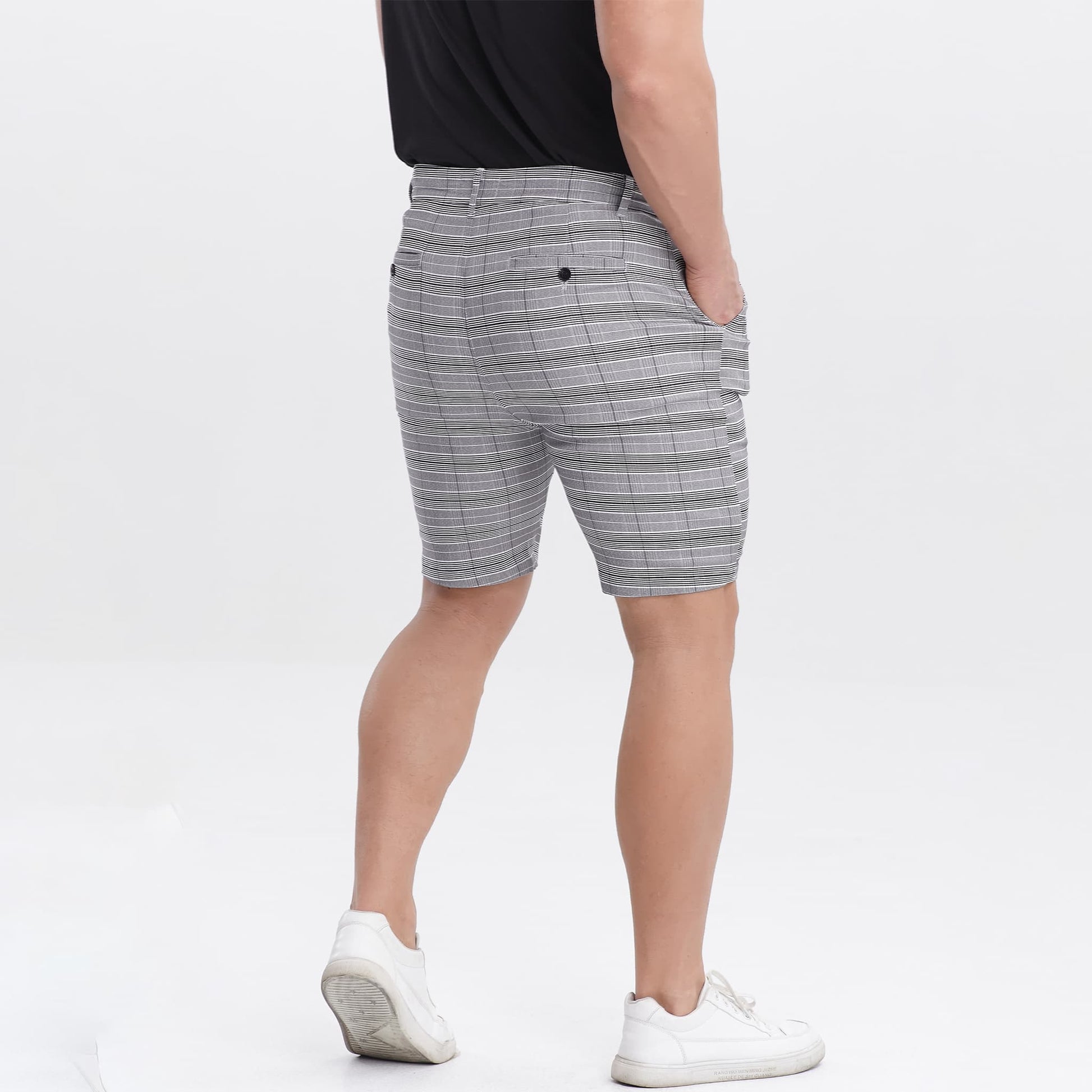 grey plaid slim fit men's chino shorts stretch