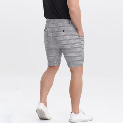 grey plaid slim fit men's chino shorts stretch