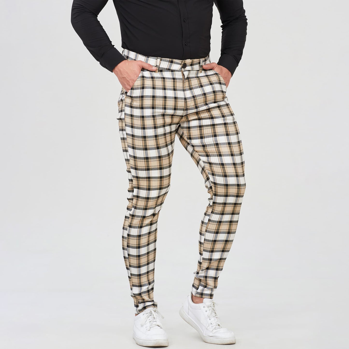 yellow plaid slim fit mens dress pants