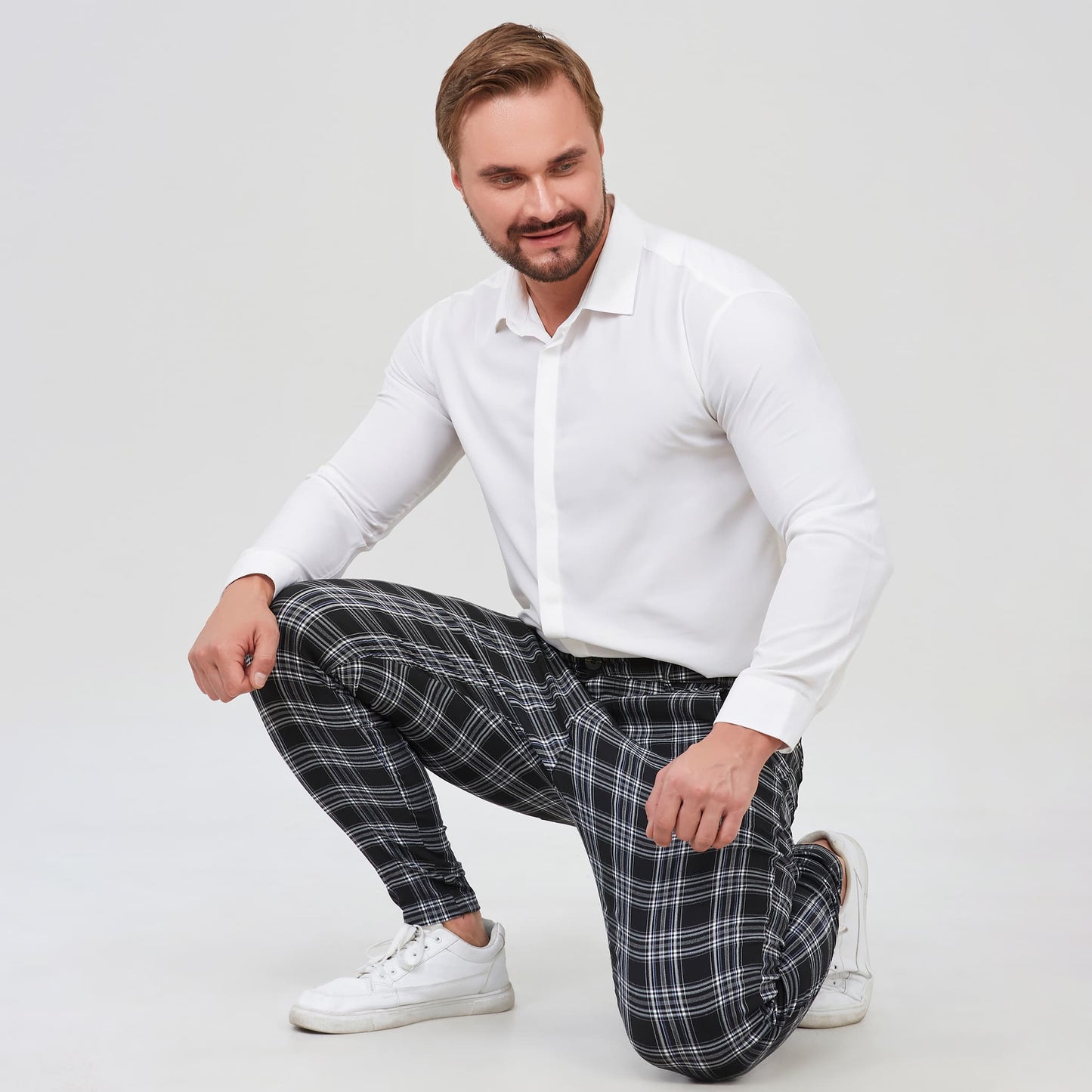 black plaid slim fit slacks for men stretchy