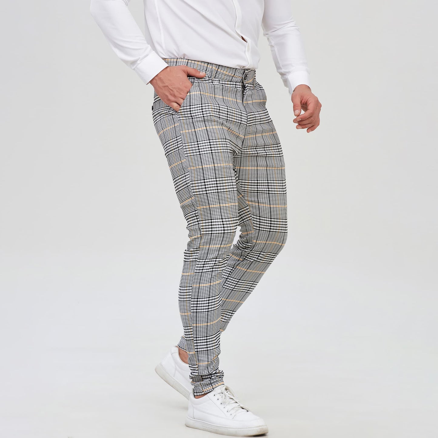 gray plaid slim fit stretch pants for men