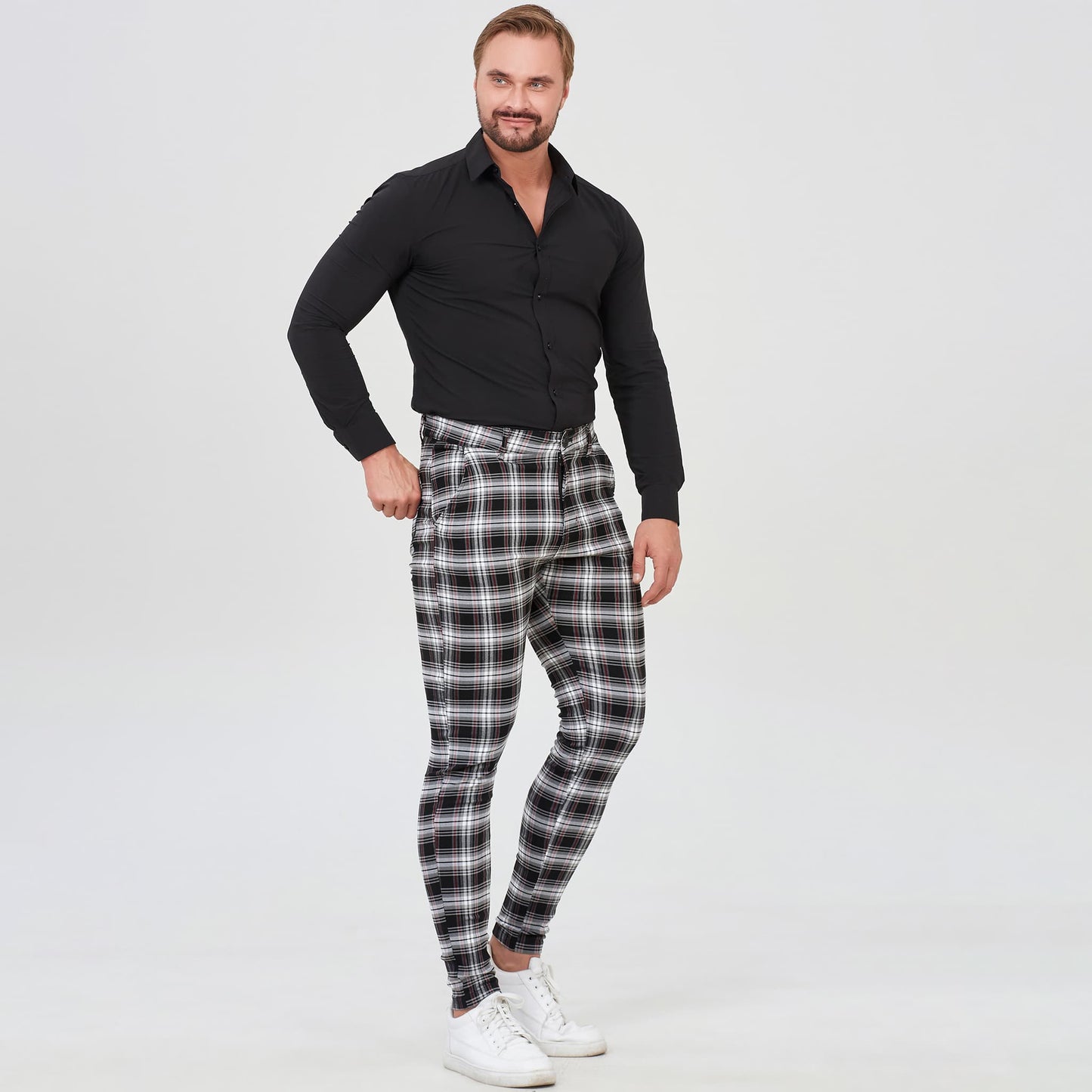 black and white slim fit work pants for men stretchy