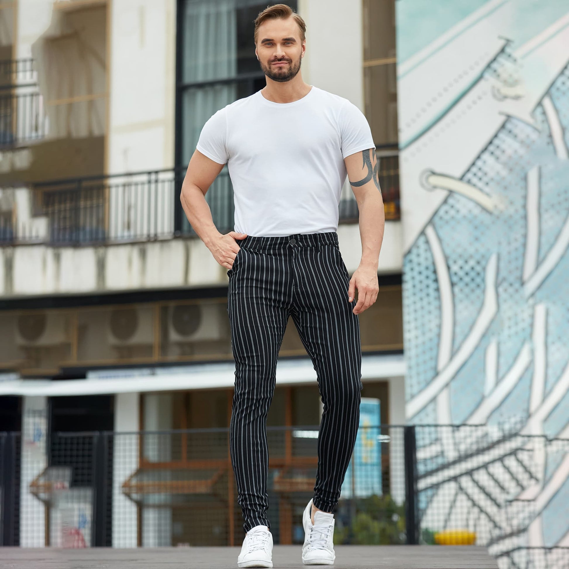 black striped slim golf pants for men stretchy