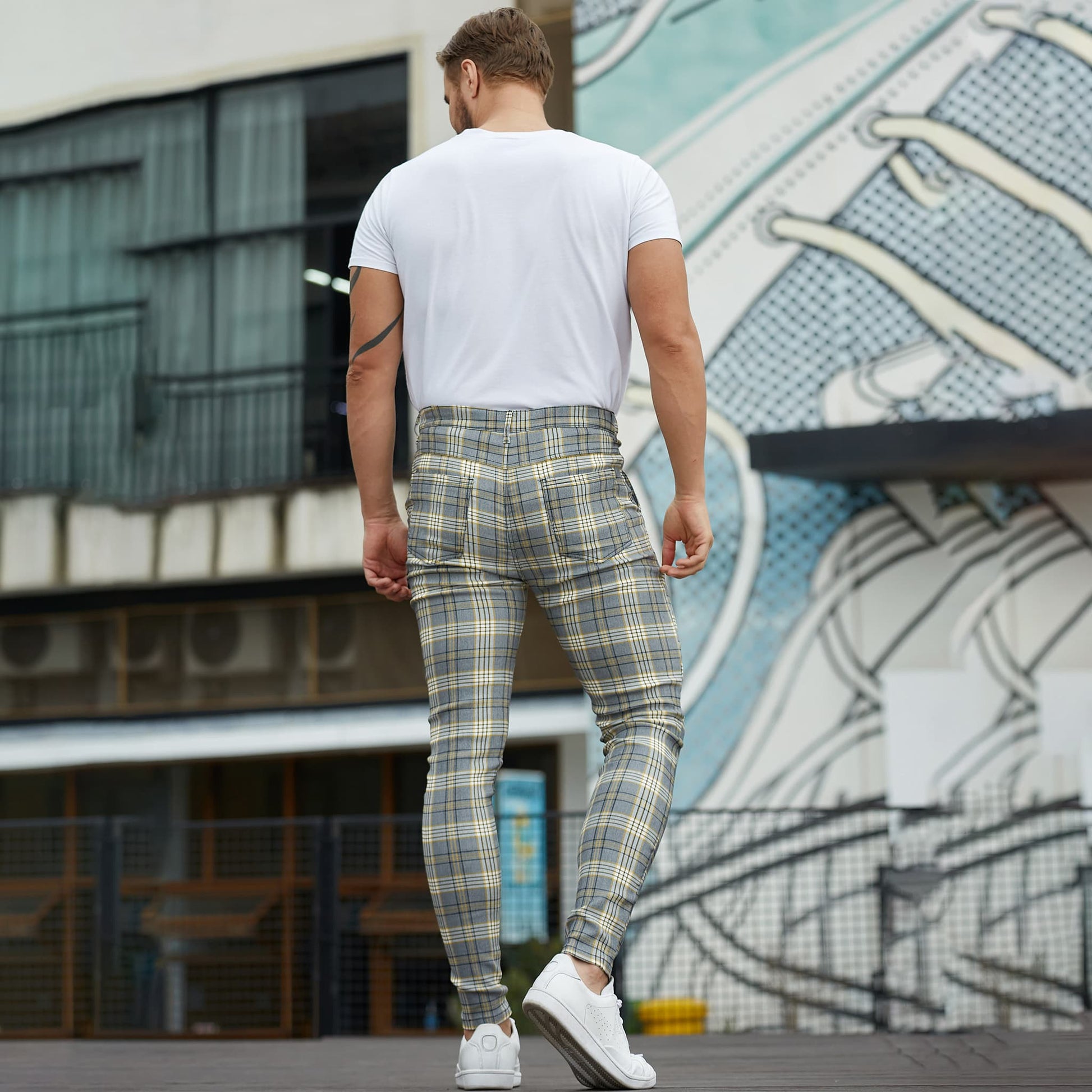 yellow and grey plaid slim pants for men