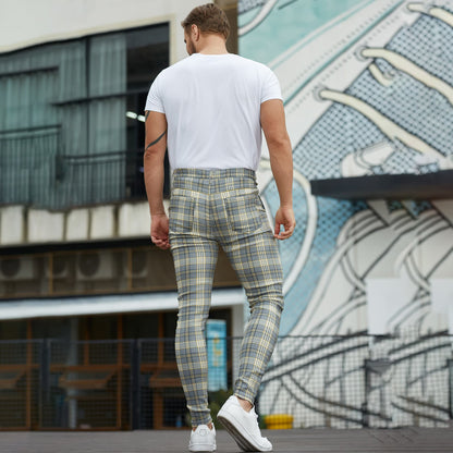 yellow and grey plaid slim pants for men