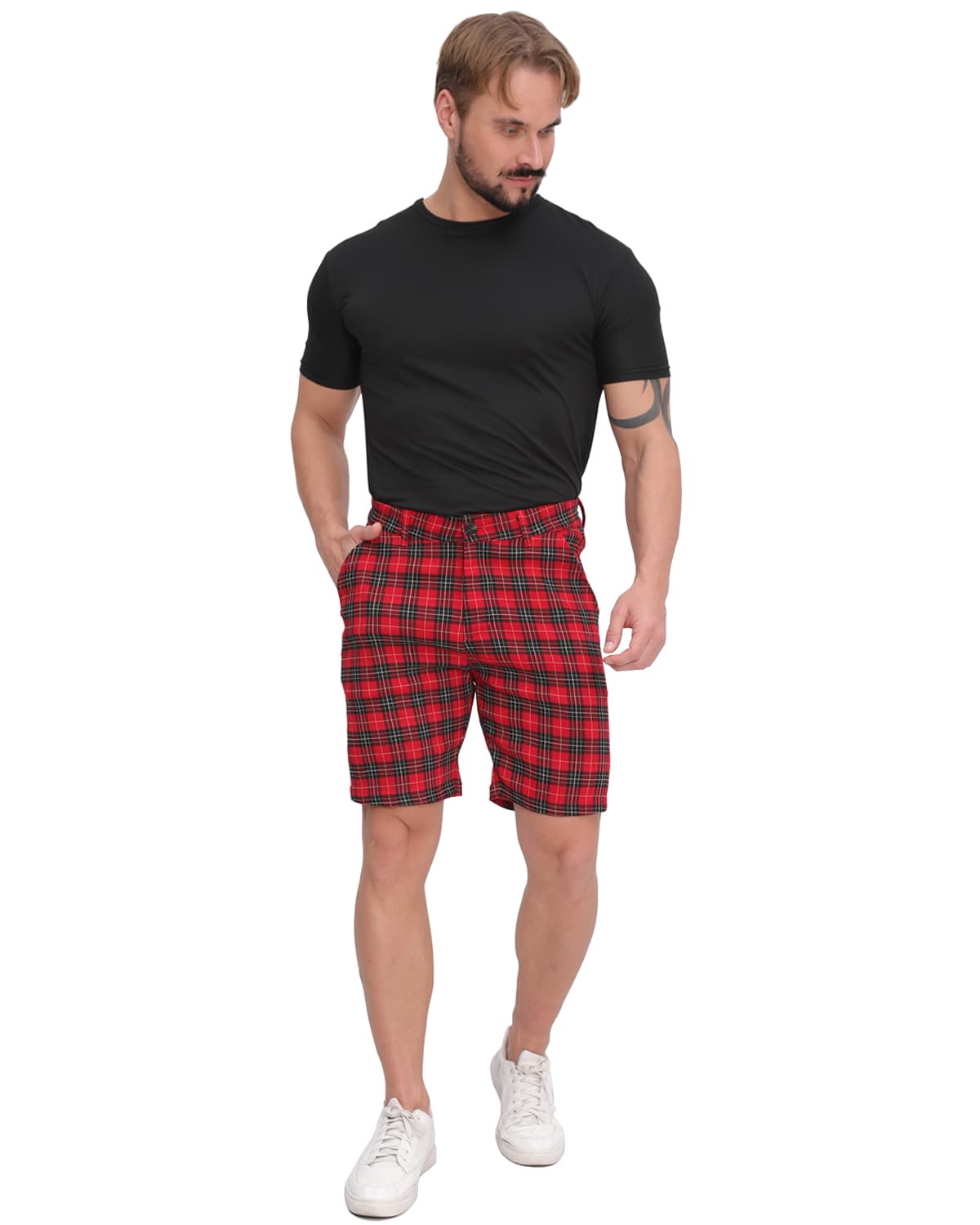 ALLELMS Mens Slim Fit Shorts Black and White Plaid Chino Short Tapered Leg Skinny Stretch