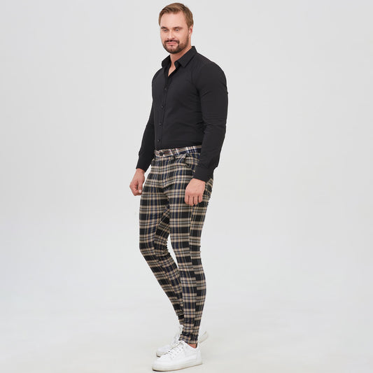 black and brown checkered stretch chino pants men
