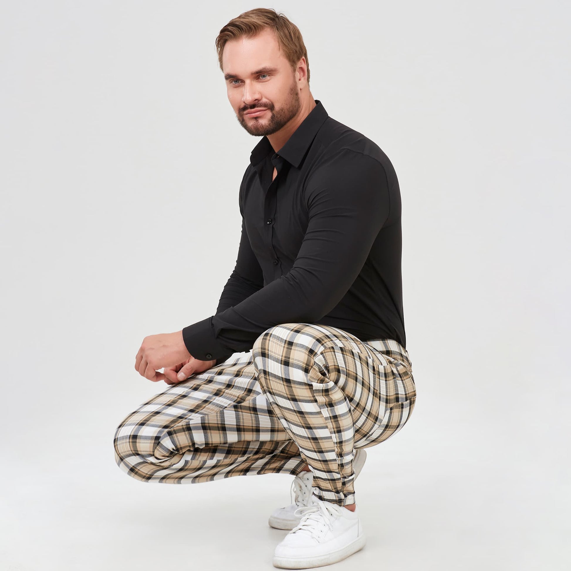 yellow plaid stretch chinos for men slim fit