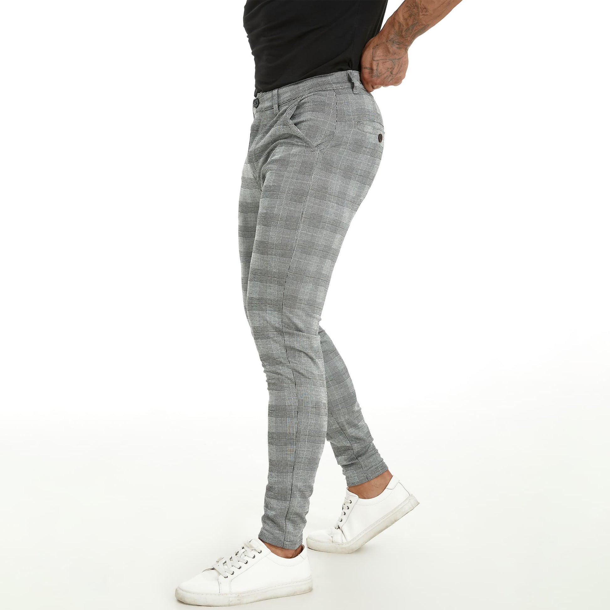 grey checkered stretch pants for men slim fit