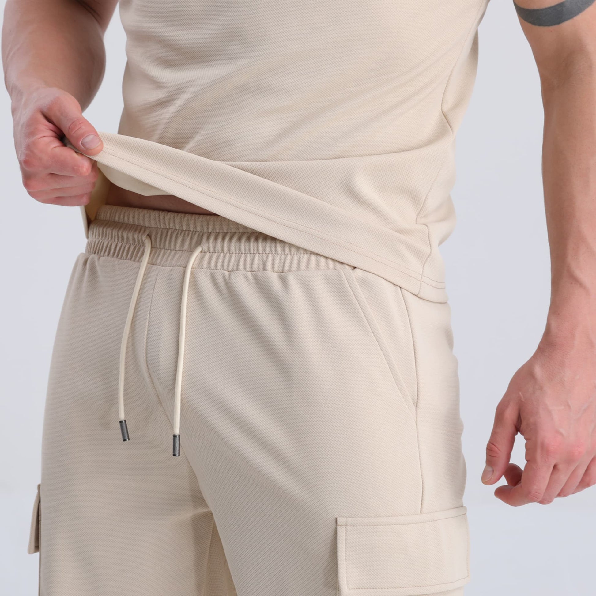 stretchy cargo khaki shorts men drawstring