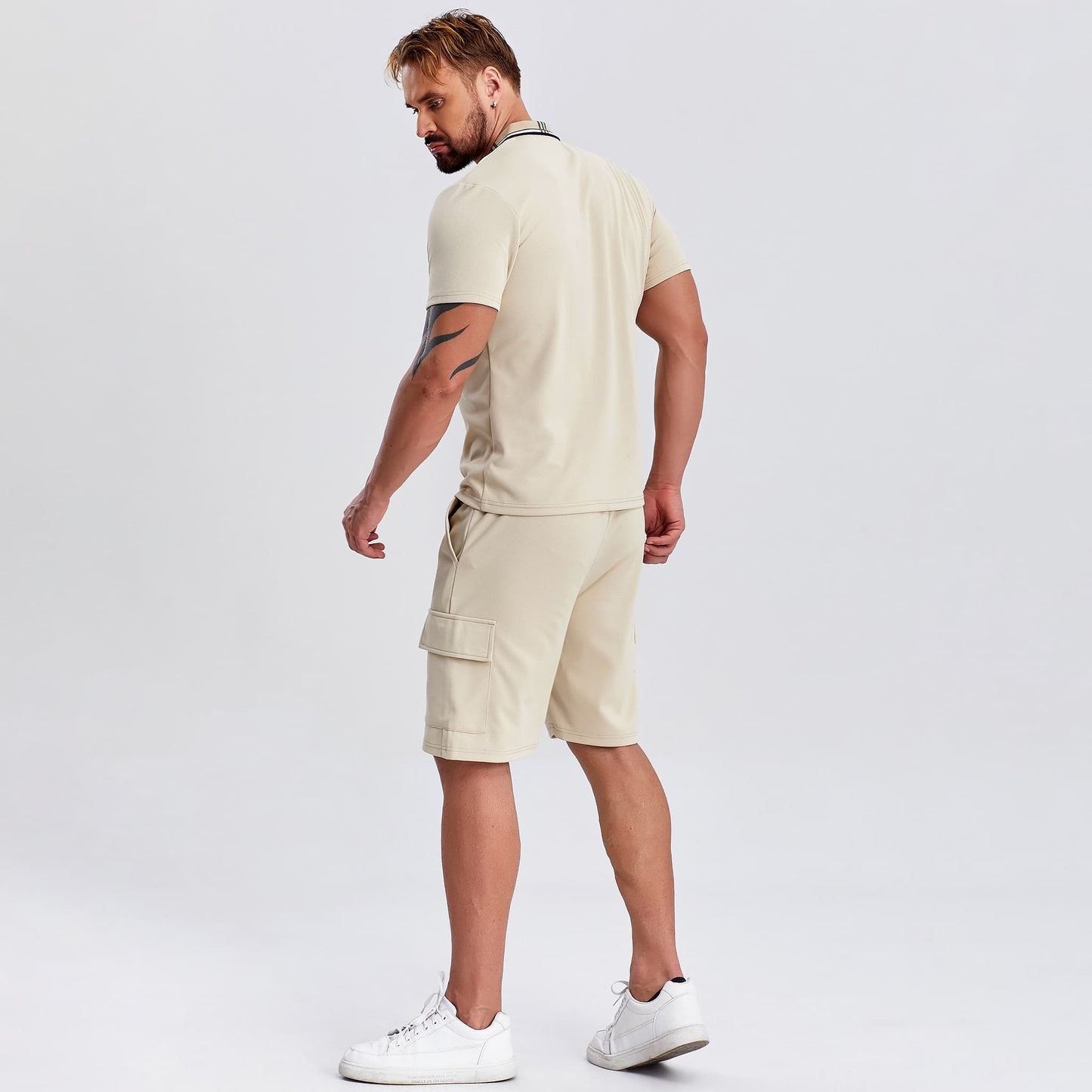 zip upper 2 piece  outfits mens khaki summer cargo short sets drawstring