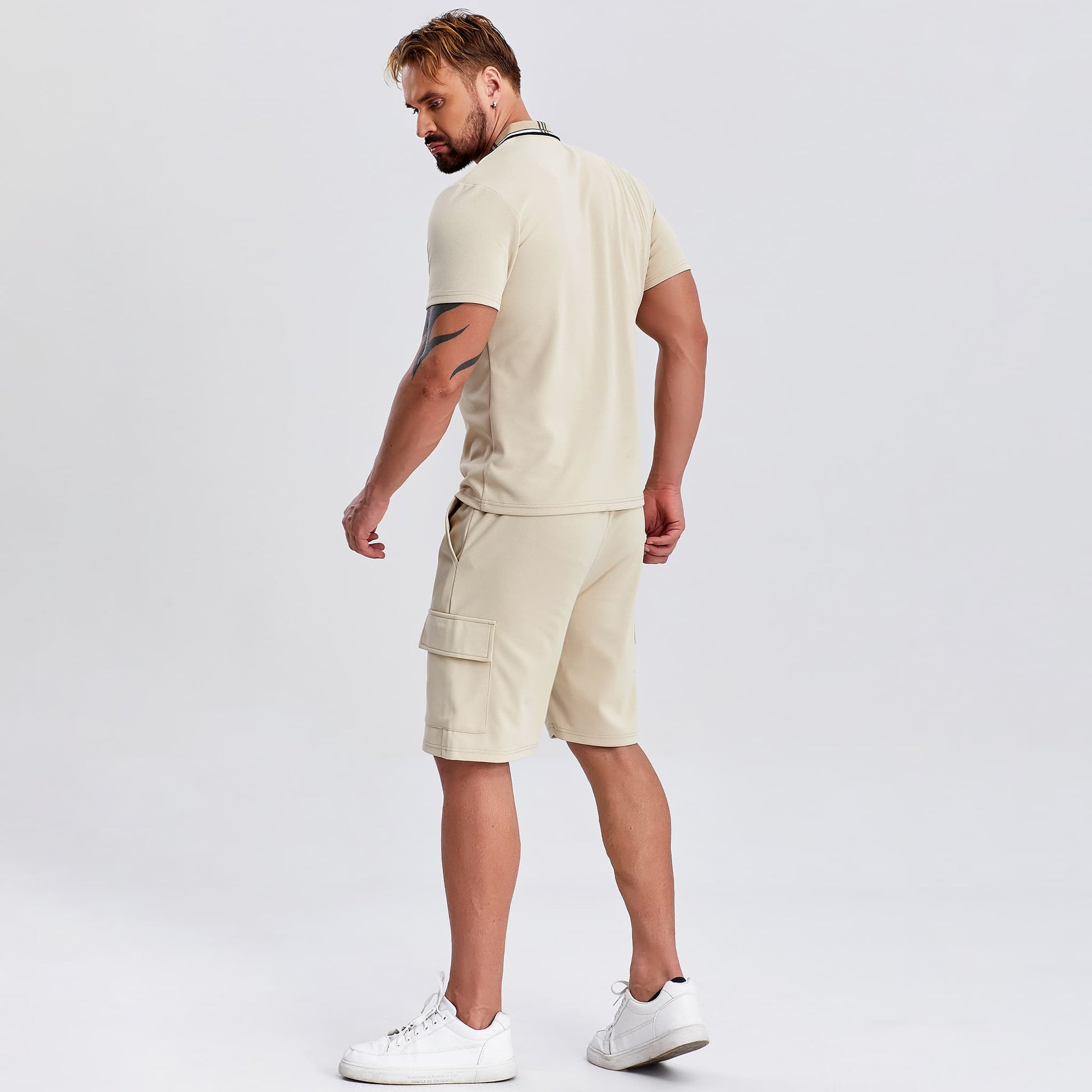 zip upper 2 piece  outfits mens khaki summer cargo short sets drawstring